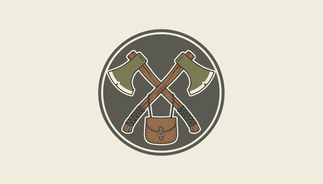 Vintage forestry badge of crossed wooden axes with green heads and a hanging leather pouch on beige background.