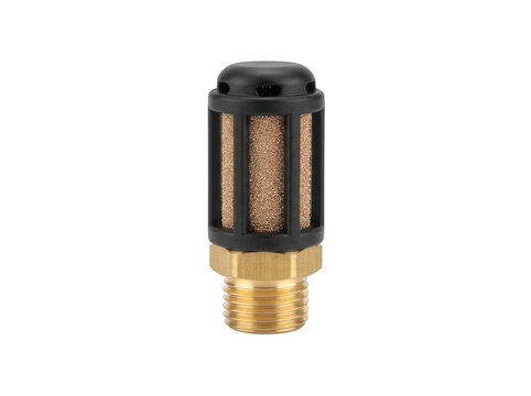 Pneumatic air muffler filter with brass fitting isolated on transparent background for industrial air tools and compressor systems