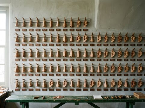 Auricular prosthesis workshop with numbered molds on display
