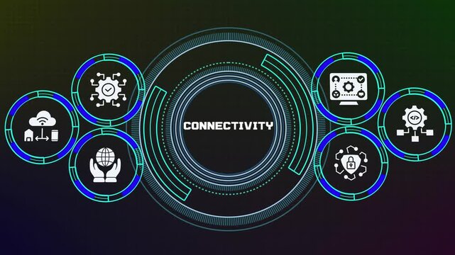 CONNECTIVITY technology network dashboard linking cloud computing, cybersecurity, software, hardware and digital infrastructure for connected enterprise systems.