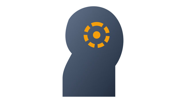 Abstract human head silhouette with orange loading wheel icon for digital design.