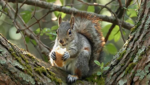 Ultra HD 4K high-definition close-up footage of a curious grey squirrel perched securely on a tree trunk holding and nibbling on a piece of bread in warm sunlight with the high-resolution camera