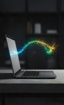 Glowing colorful data stream flowing out of a laptop screen in a modern workspace environment