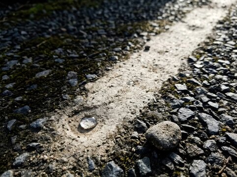 Mud Track on Gravel Path with Sunlit Texture