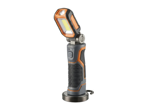 Rechargeable portable LED work light with swivel head isolated on transparent background for automotive and construction site lighting needs
