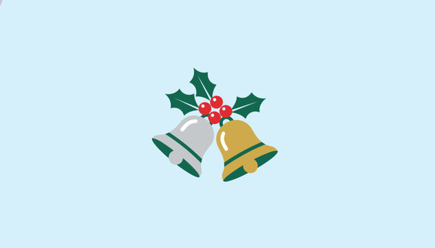 Festive christmas bells in gold and silver tied with green holly leaves and red berries on a light blue background.