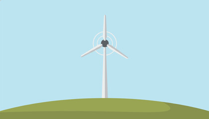 Fototapeta premium Clean vector illustration of a three-bladed wind turbine standing on a green grassy hill under a light blue sky.