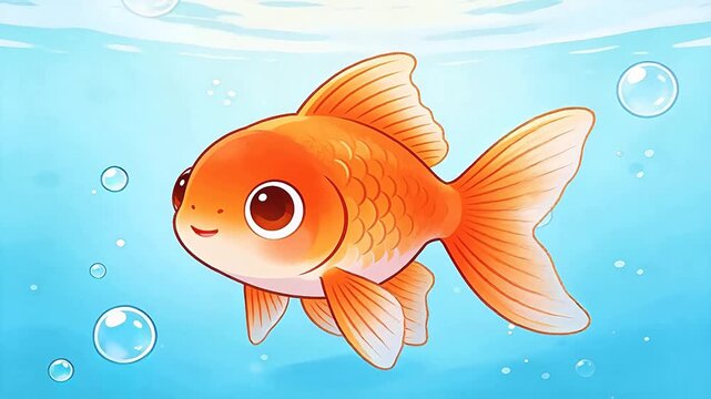 Orange goldfish with bubbles in clear blue underwater scene