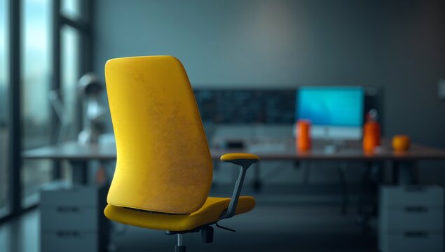 Generative AI depicts an empty modern office workspace with a yellow chair