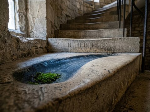 Historic Stone Basin with Moss and Inheritance Text in Cave Stairway
