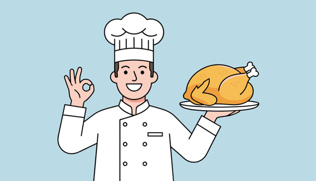 Friendly male chef in white uniform and hat holding a roasted chicken on a platter while making an okay hand gesture.