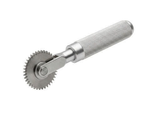 Professional steel tracing wheel for sewing and pattern making isolated on transparent background with detailed metallic textured grip