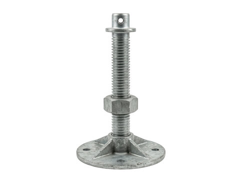 Galvanized adjustable machinery leveling mount with threaded rod isolated on transparent background for industrial equipment support