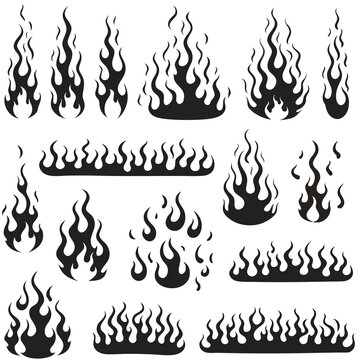 Flame Silhouette in classic style. Black fire and flame silhouette shapes in varied styles. Old school tattoo style or silhouette flame for cars. Minimal stylish fire silhouette. Vector graphic set