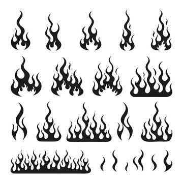 Flame Silhouette in classic style. Black fire and flame silhouette shapes in varied styles. Old school tattoo style or silhouette flame for cars. Minimal stylish fire silhouette. Vector graphic set