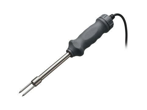 Professional digital soil moisture probe sensor with rugged black handle isolated on transparent background for agricultural scientific research