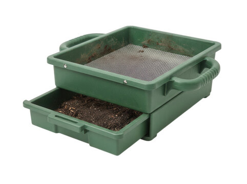 Green plastic soil sifter sieve tray with wire mesh and storage drawer isolated on transparent background for gardening and landscaping tasks