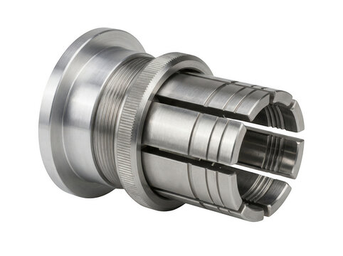 Industrial steel collet chuck for CNC machine tools isolated on transparent background showing high precision metal engineering components