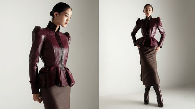 fashionable woman wearing a fitted burgundy leather jacket with strong shoulders and a peplum waist, long chocolate brown skirt, elegant knee high