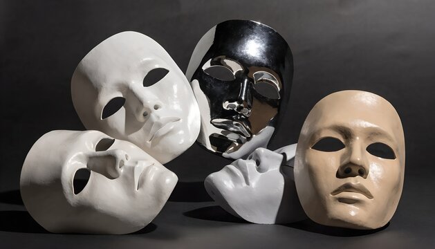 Assorted theatrical masks displayed on dark surface