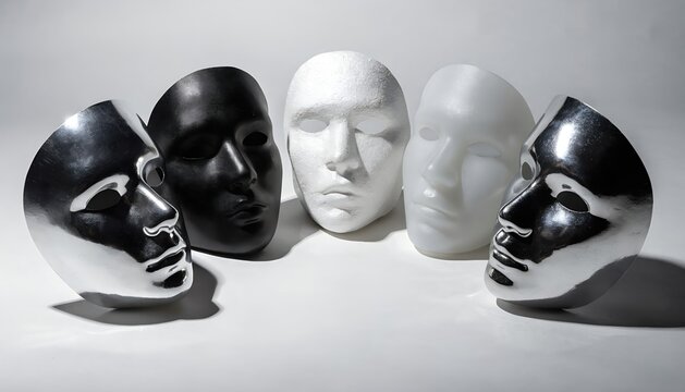 Assorted theatrical masks on reflective surface