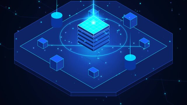 Futuristic Data Network Visualization with Glowing Blue Cubes and Digital Connectivity Nodes Overlay