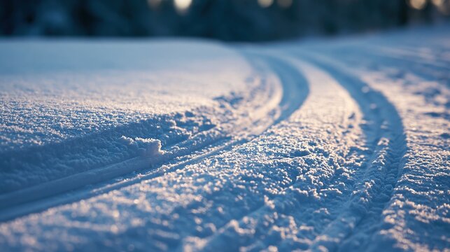 Parallel ski trails curving through a pristine winter landscape under soft light