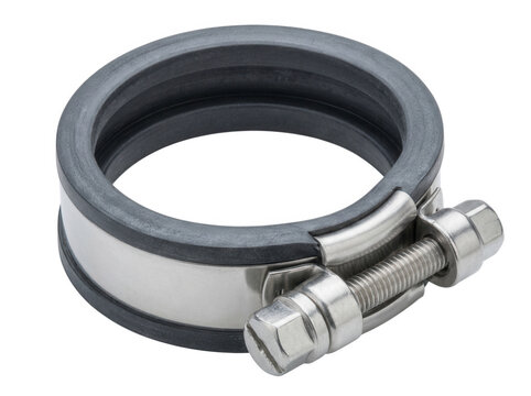 Heavy duty stainless steel pipe clamp with rubber liner isolated on transparent background for plumbing and industrial hose mounting systems
