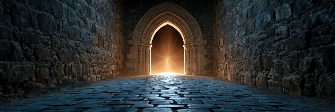 Ancient stone corridor leading to a bright, glowing archway