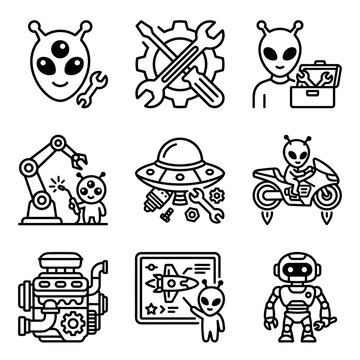 Alien Technology Icons: UFO, Robot, Spaceship, Motorcycle, Engine, Mechanic