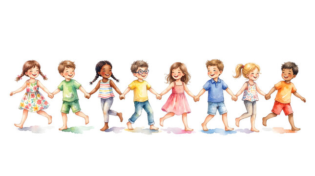 Diverse group of children running together in playful outdoor setting with bright daylight and clean white background