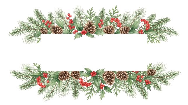 Holiday greenery border with pine cones and berries along white ribbon strip with decorative holiday themed