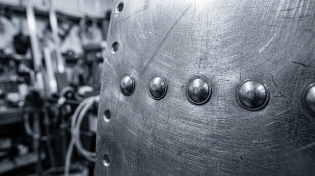 Macro closeup of riveted aircraft fuselage skin showing brushed aluminum grain and precision fastener holes
