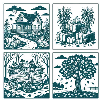 Set of Four Autumn Farmhouse Illustrations Featuring Pumpkins and Harvest Scenes in a Classic Vintage Monotone Engraving Style for Seasonal Design