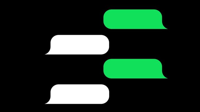 Green and white chat speech bubbles appearing in animated conversation on black backdrop for instant messaging application, mobile texting concept, social communication and customer support.