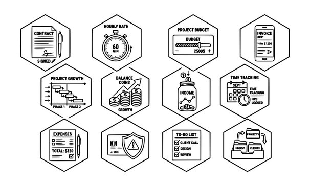 Freelance time tracking and project task optimization line icon set with circular badges
