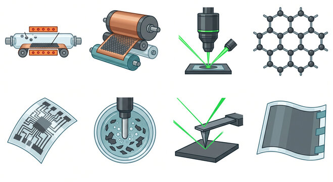 Isolated JPG illustration of a nanomaterials and graphene manufacturing icon pack, featuring chemical vapor deposition, atomic force microscopy, and 2D material rolls.