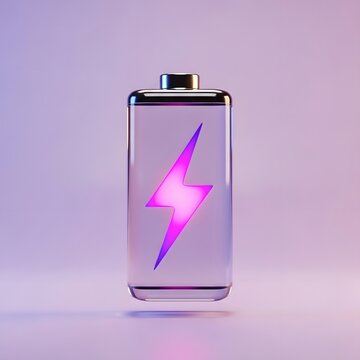 A clear battery casing reveals a vibrant purple lightning bolt symbolizing electrical power and the concept of stored energy within