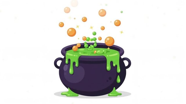 Cartoon Witch Cauldron with Boiling Green Potion and Magic Bubbles