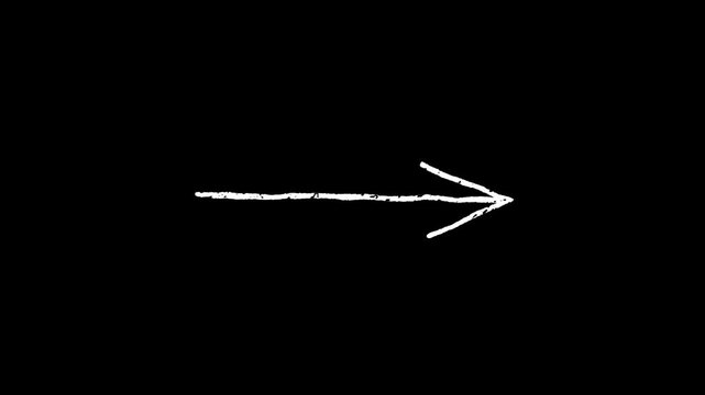 White hand drawn straight arrow animation sketching on black background for pointing direction, tutorial indicator, marker highlighter, whiteboard drawing and video attention emphasis loops.