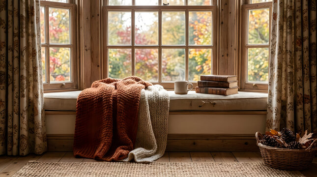 Large bay window seat with blankets and autumn view