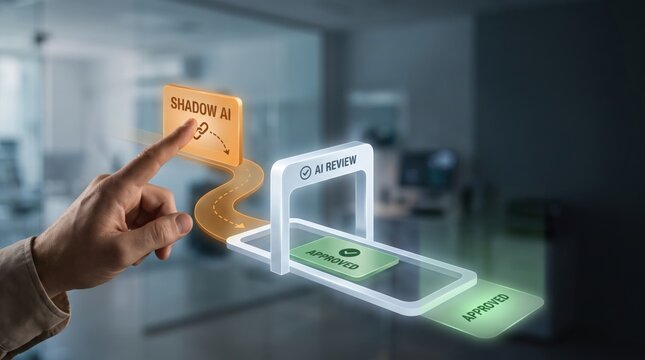 Shadow AI and Unapproved AI Tools - A hand blocks a digital AI entity labeled &ldquo;SHADOW AI&rdquo; from bypassing an AI review checkpoint in a business workflow concept.