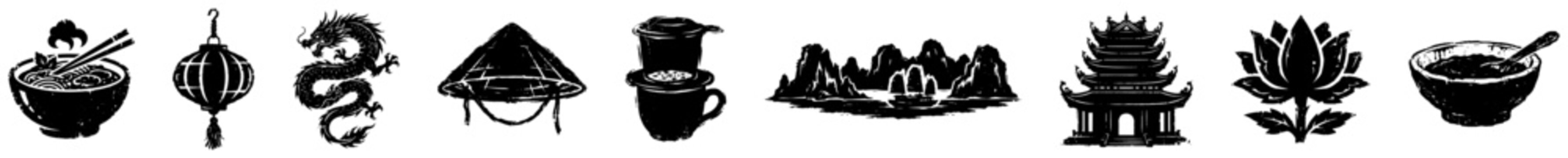 Vietnam travel culture and food icons set with pho pagoda dragon and conical hat in linocut style