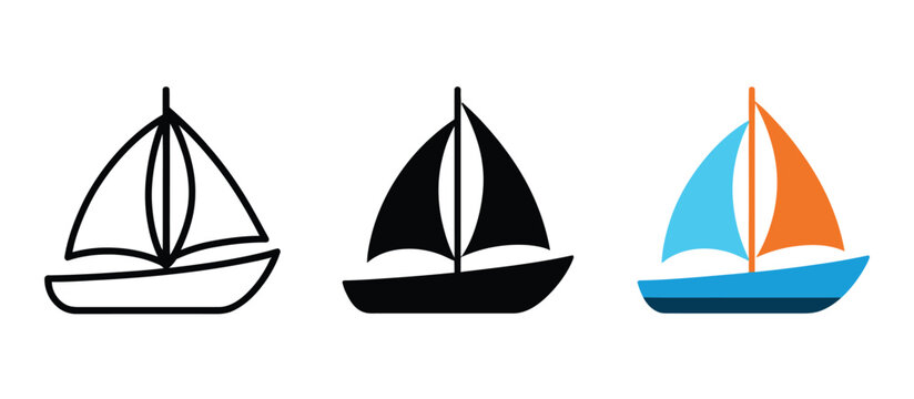 Sailboat icon set, outline black and colorful flat vector graphics, boat symbols, sailing, transportation, navigation, marine, nautical, illustration, design