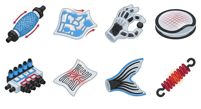 Isolated JPG illustration of a soft robotics and biomimetics engineering icon pack, featuring pneumatic artificial muscles, fluidic actuators, and robotic grippers.