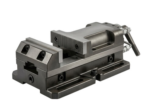 Heavy duty industrial machine vise with precision ground steel jaws isolated on transparent background for metalworking and milling