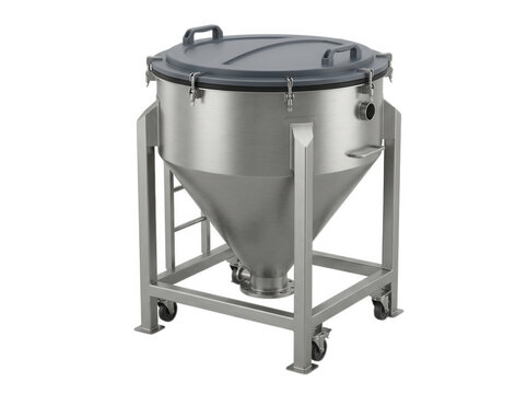 Large industrial stainless steel mixing tank with wheels and secure lid isolated on transparent background for food processing facility