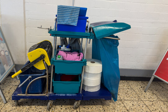 Cleaning cart used in a public space for maintenance tasks