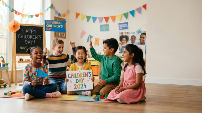 Group of happy diverse children celebrating Universal Children's Day 2024 in a decorated classroom while holding signs and cheering