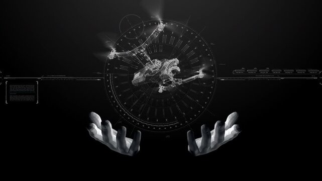 HUD animation video footage featuring a holographic 3D scan image hovering above a palm, conveying a futuristic, high-tech feel associated with data transmission.